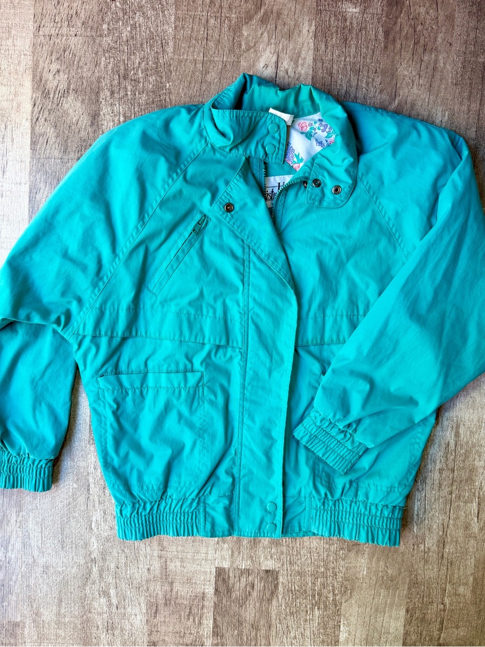 Vintage Teal Blue Lightweight Harrington Jacket Floral Lining Collar